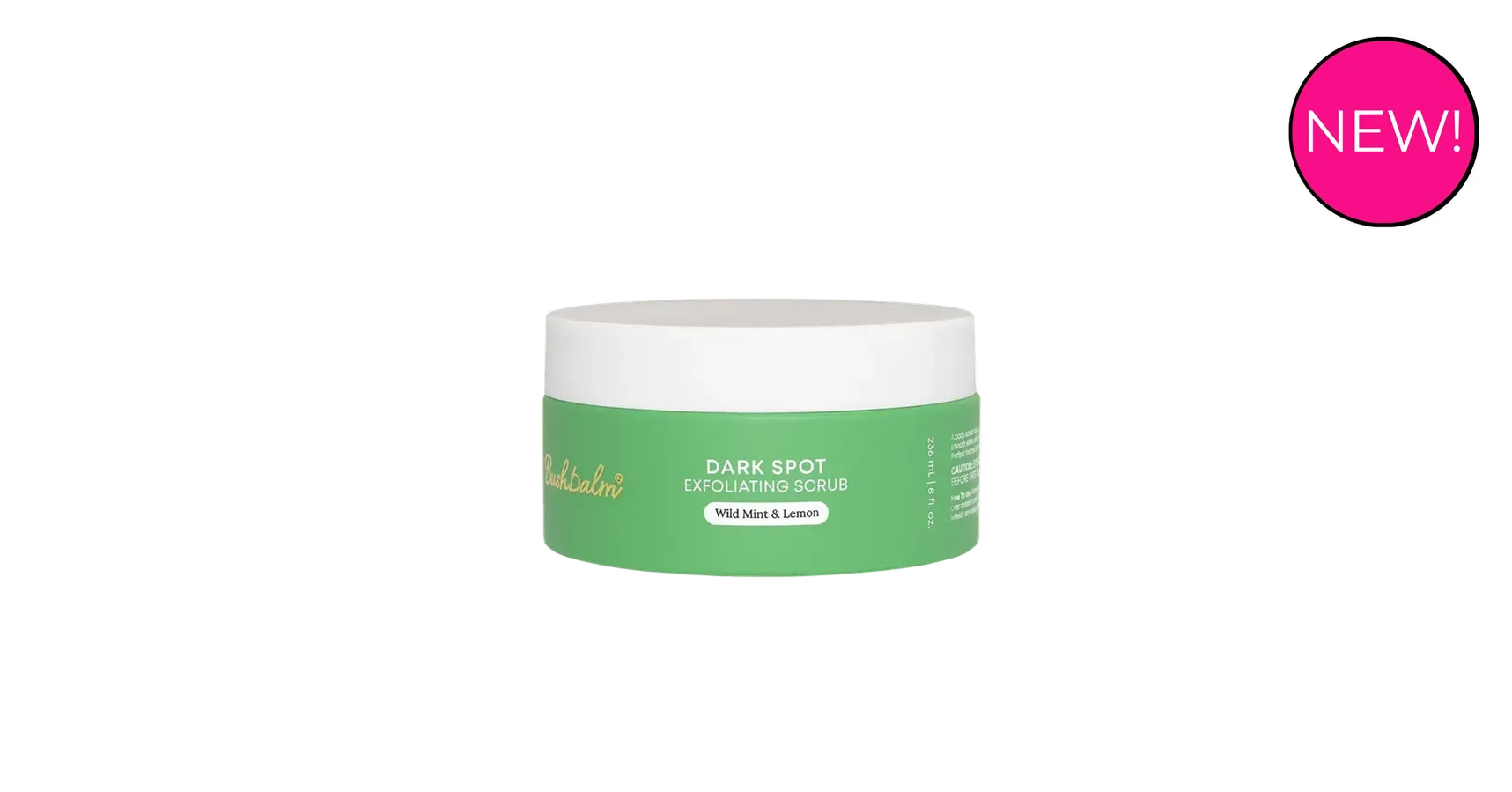 A white cosmetic jar with a green label reading 'DARK SPOT EXFOLUATING SCRUB' and 'Wild Mint & Lemon' on a light gray background.